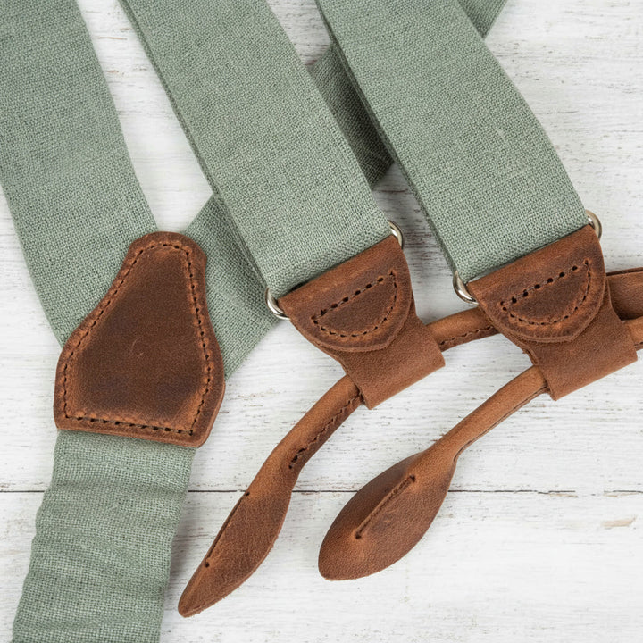Sage Green Linen Button Suspenders | Handmade Leather Details