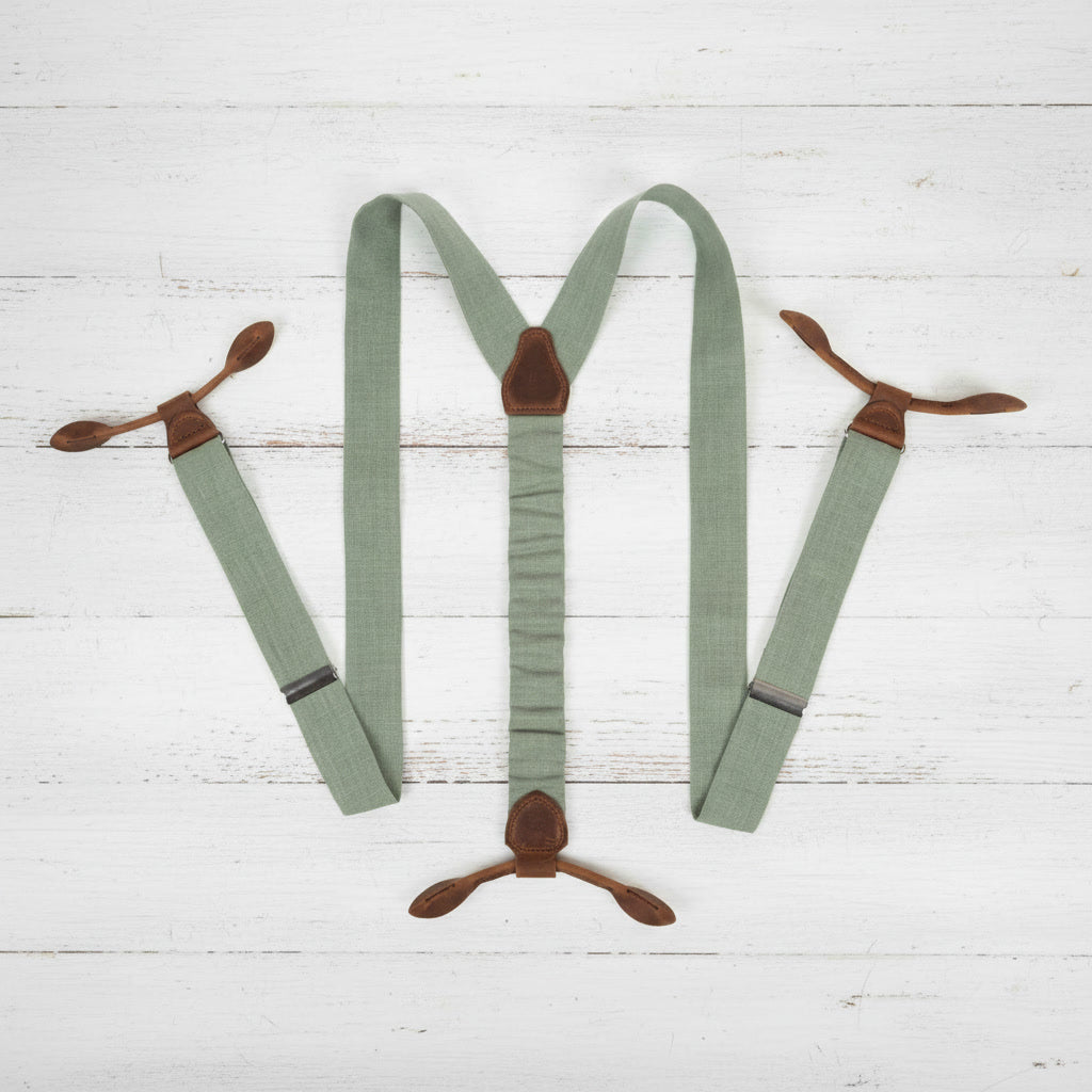 Sage Green Linen Button Suspenders | Handmade Leather Details