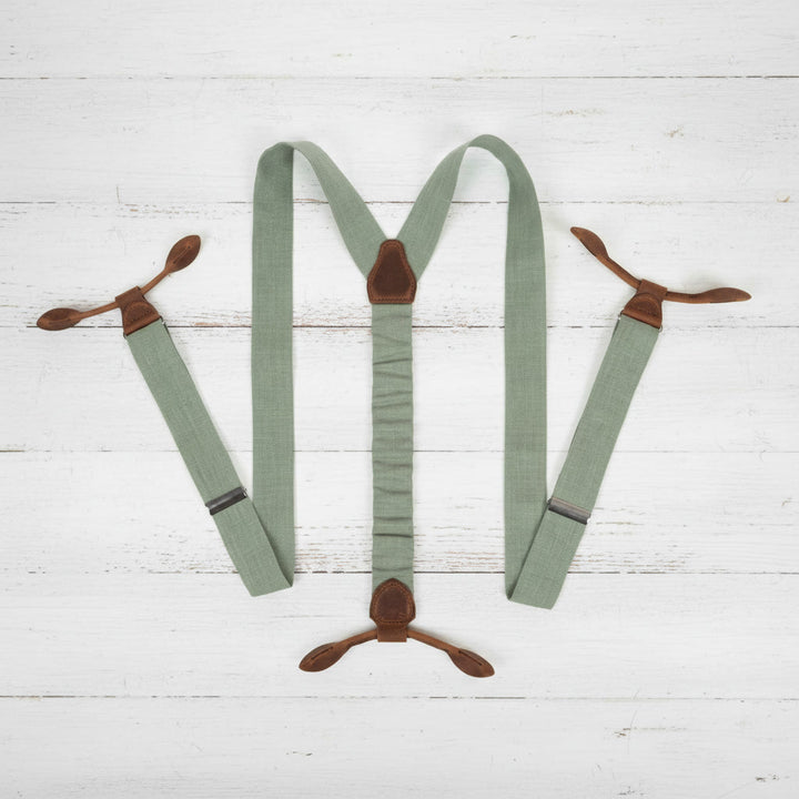 Sage Green Linen Button Suspenders | Handmade Leather Details