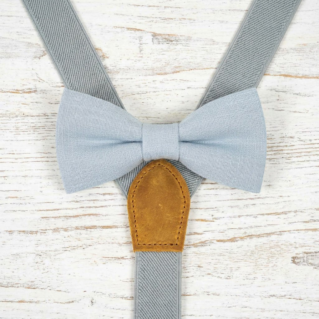 Gray Elastic Suspenders & Linen Bow Tie Set | Adult & Kids Sizes - Hemmitie