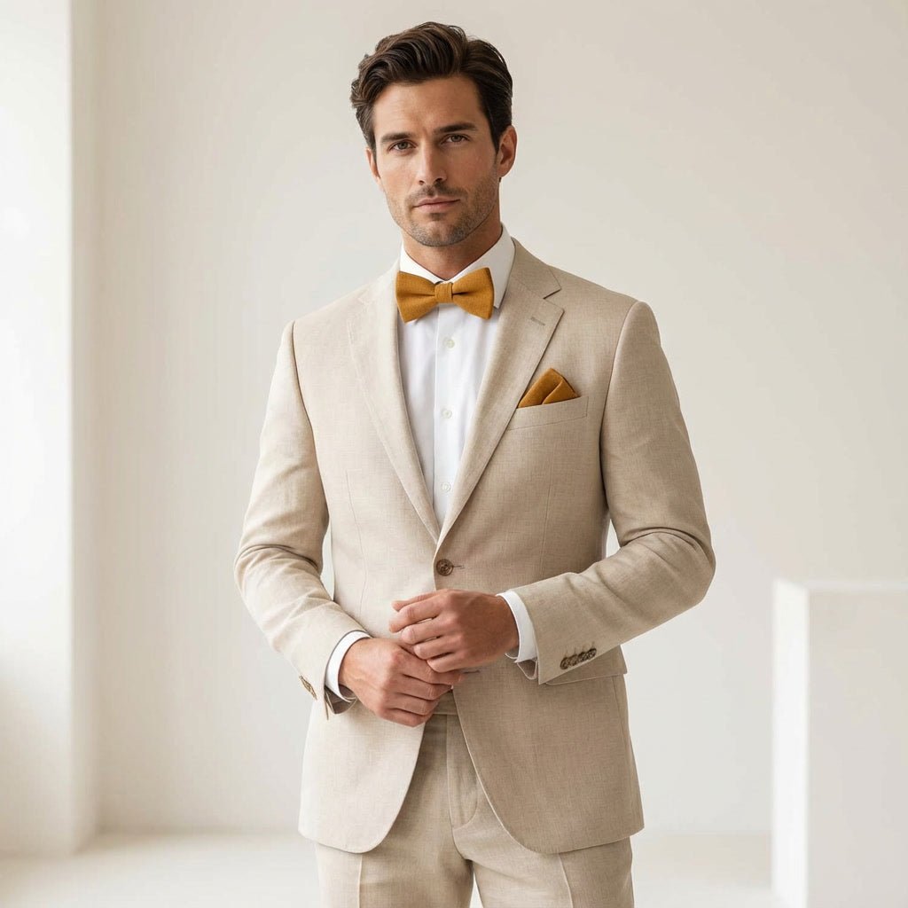 Cinnamon Yellow Linen Pre - Tied Bow Tie & Pocket Square Set - Hemmitie