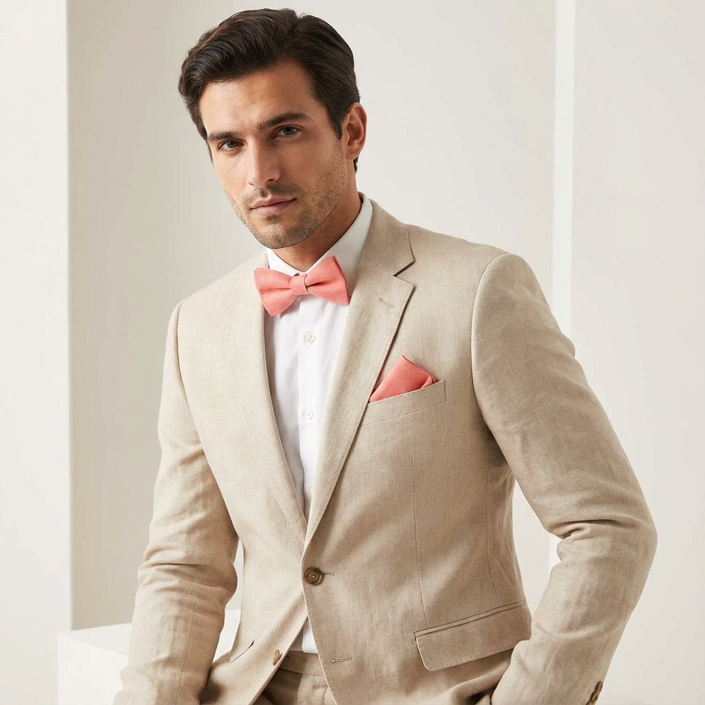 Coral Bow Tie and Pocket Square Set - Hemmitie