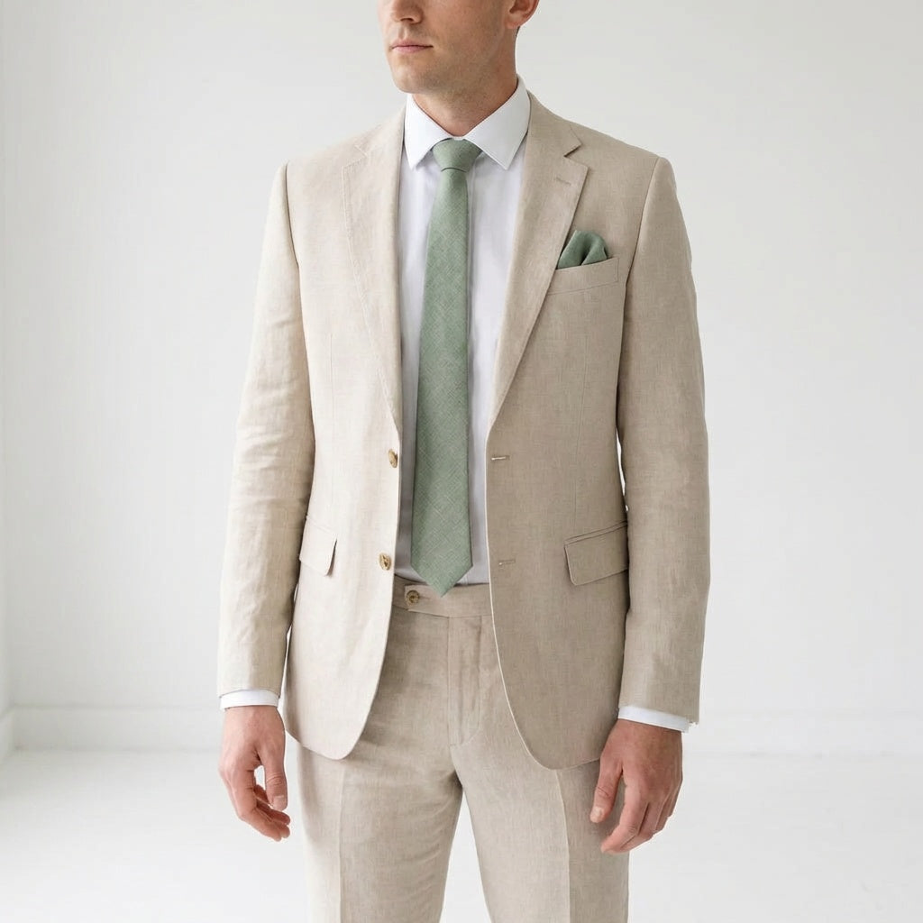 Man wearing a Eucalyptus green linen necktie and matching pocket square with a beige suit for a summer wedding.