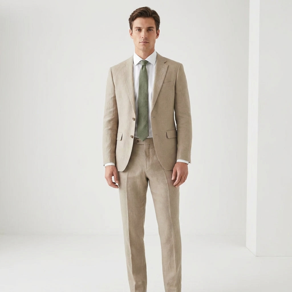 A man wearing an army green linen necktie paired with a white dress shirt and a beige suit, shown on a white background.