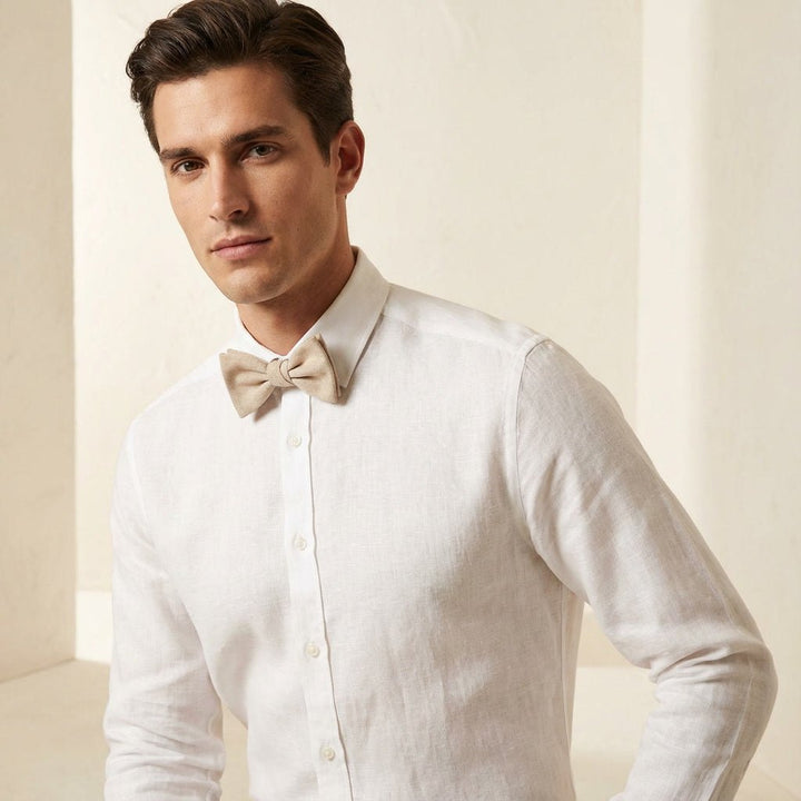 Solid Beige Linen Men's Butterfly Bow Tie | Pre - Tied - Hemmitie