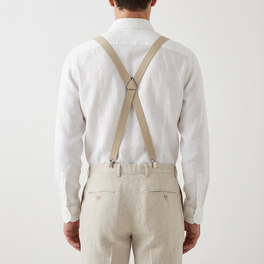 Beige Slim Suspenders & Linen Bow Tie Set - Hemmitie