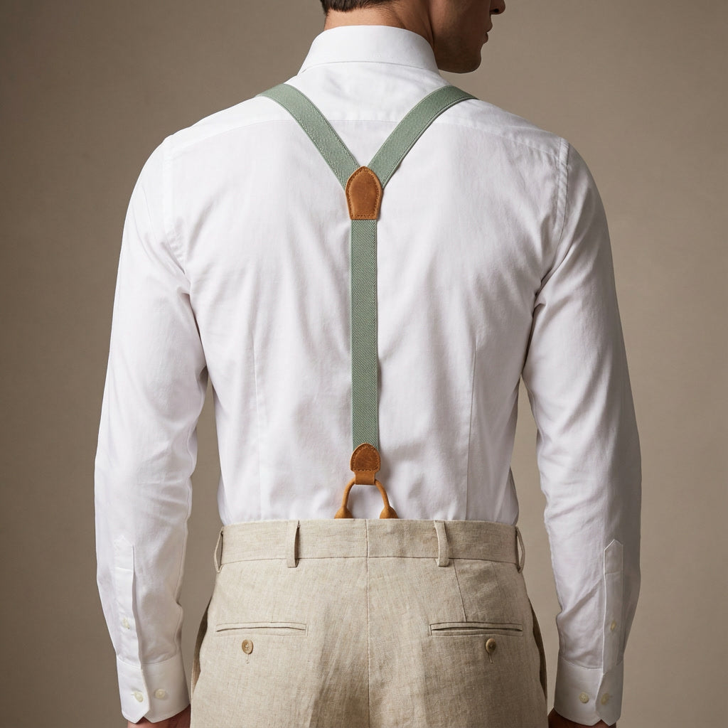 Man wearing sage green Y-back suspenders with buttons – rear view