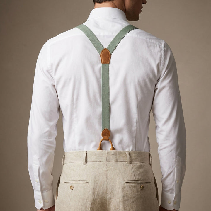 Man wearing sage green Y-back suspenders with buttons – rear view