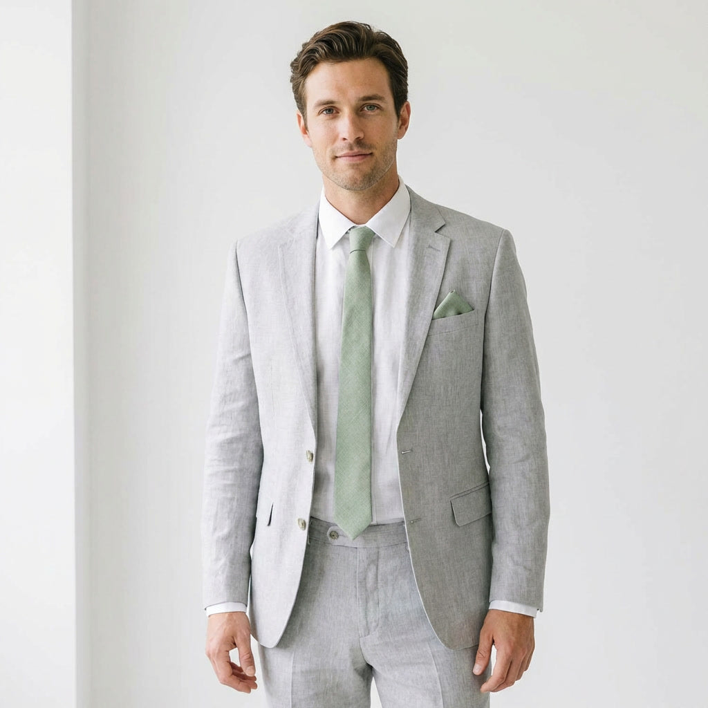 Man wearing a sage green linen necktie and matching pocket square with a light gray suit.