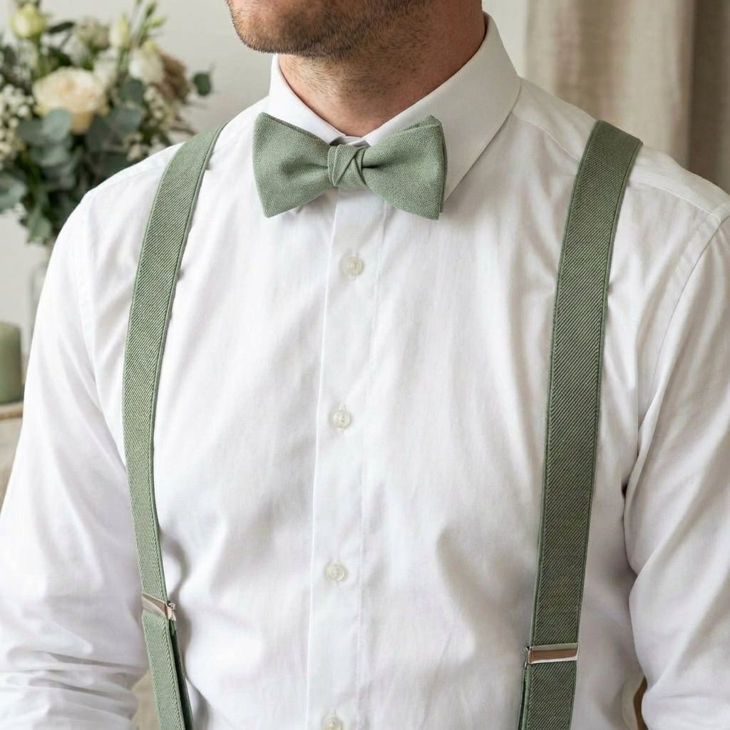 Sage Green Suspenders & Linen Bow Tie Set | 9 Sizes - Hemmitie