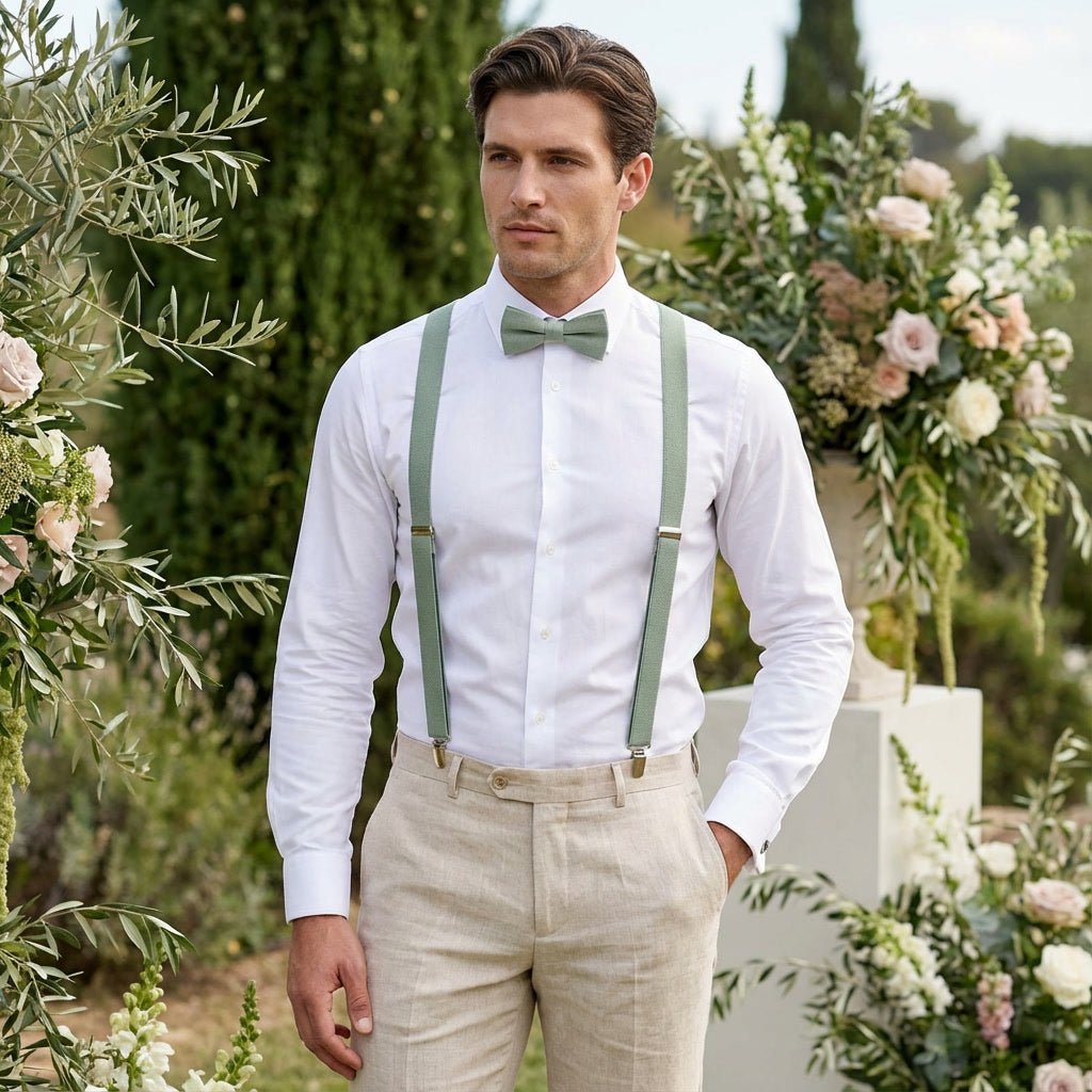 Men's Linen Bow Tie & Elastic Button Suspenders Set - Hemmitie