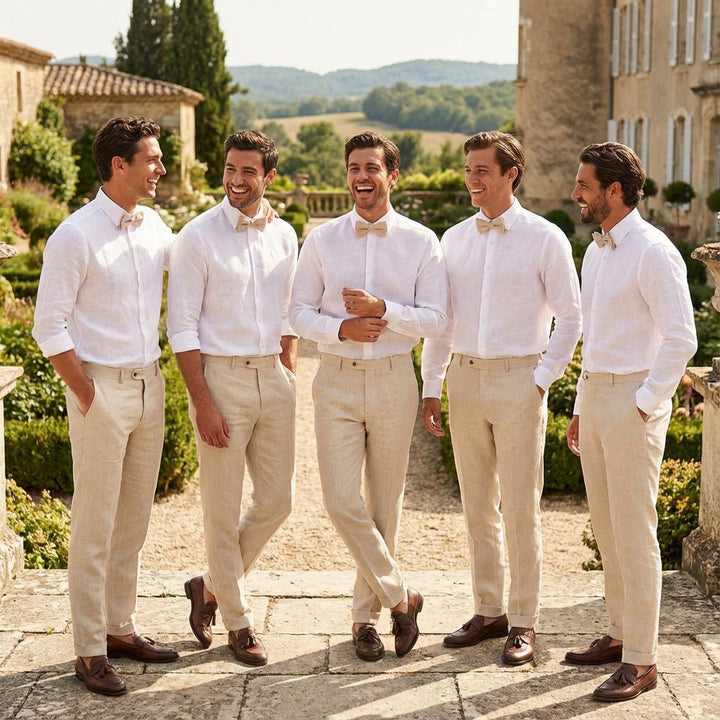 Solid Beige Linen Men's Butterfly Bow Tie | Pre - Tied - Hemmitie