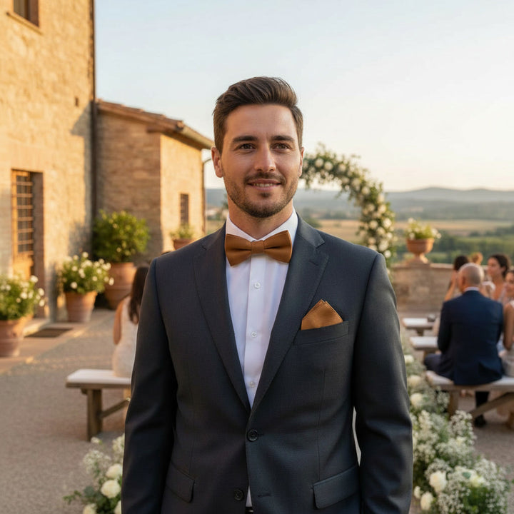 Cinnamon Yellow Linen Bow tie Pocket square Set