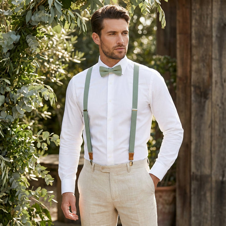 Men's Linen Bow Tie & Elastic Button Suspenders Set - Leather Detail