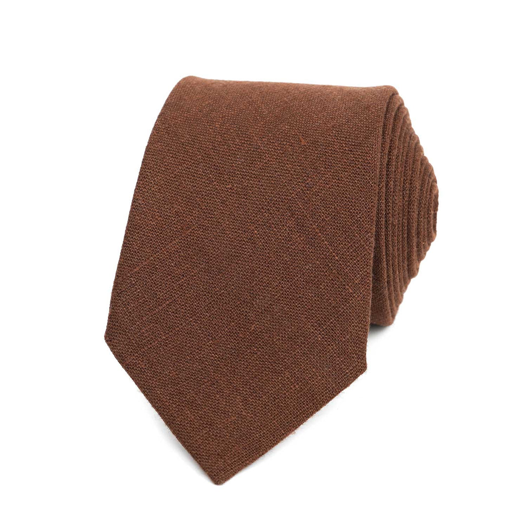 A modern brown linen necktie with a matte textured finish, shown from a front view on a white background.