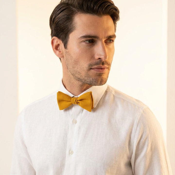 Honey Yellow Linen Pre - Tied Butterfly Bow Tie - Hemmitie