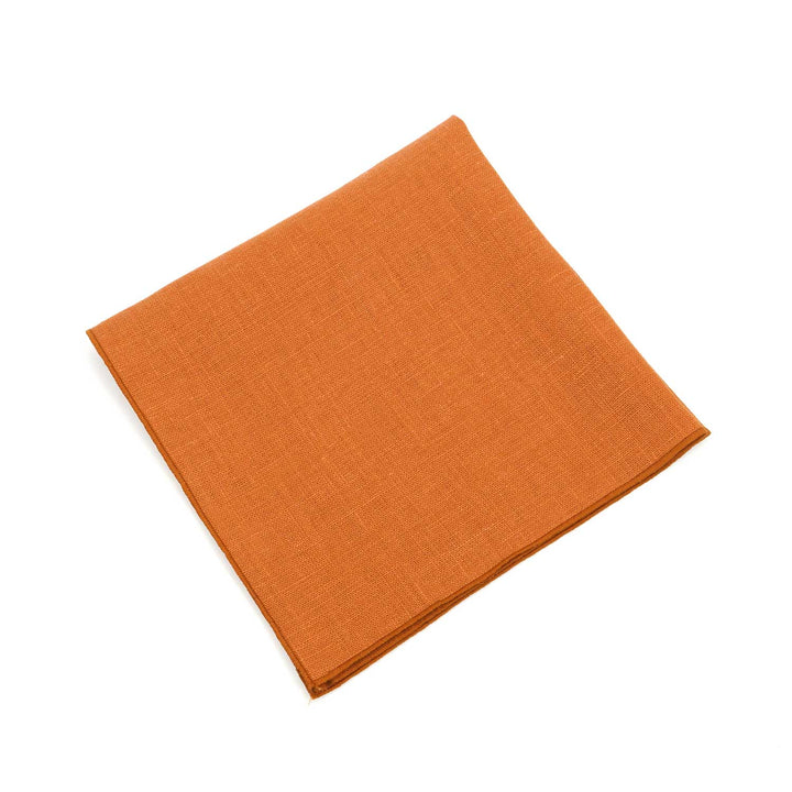 Orange linen 33cm pocket square, hand-finished handkerchief for men's suits on a white background.