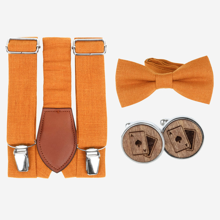 Noeud papillon , bretelles + boutons de manchette en bois