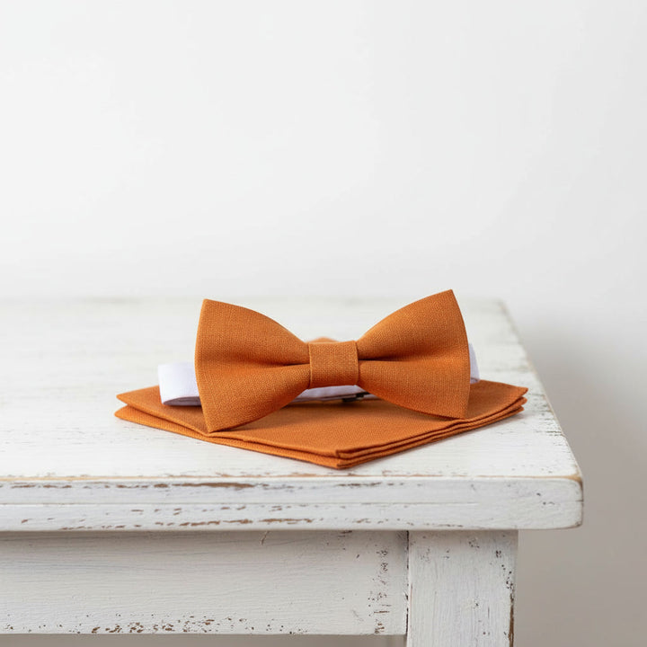 Orange Linen Bow Tie and Pocket Square Set