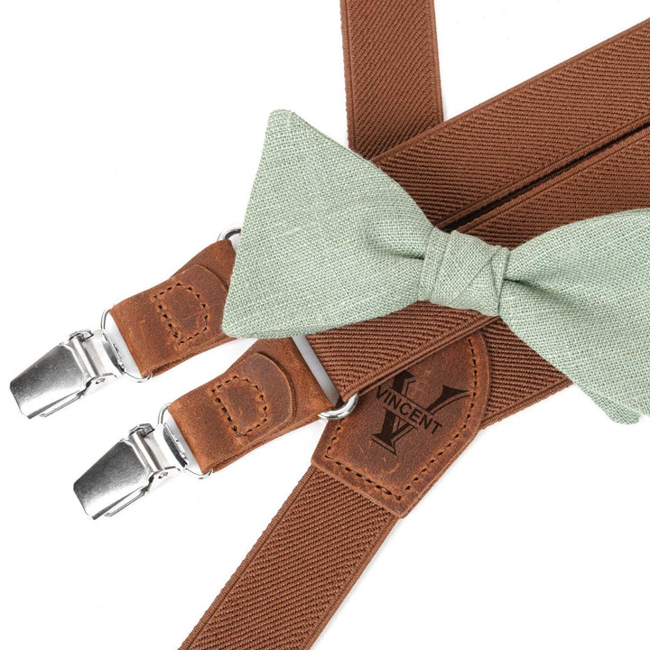 Personalized Rustic Terracotta Suspenders & Linen Bow Tie Set - Hemmitie