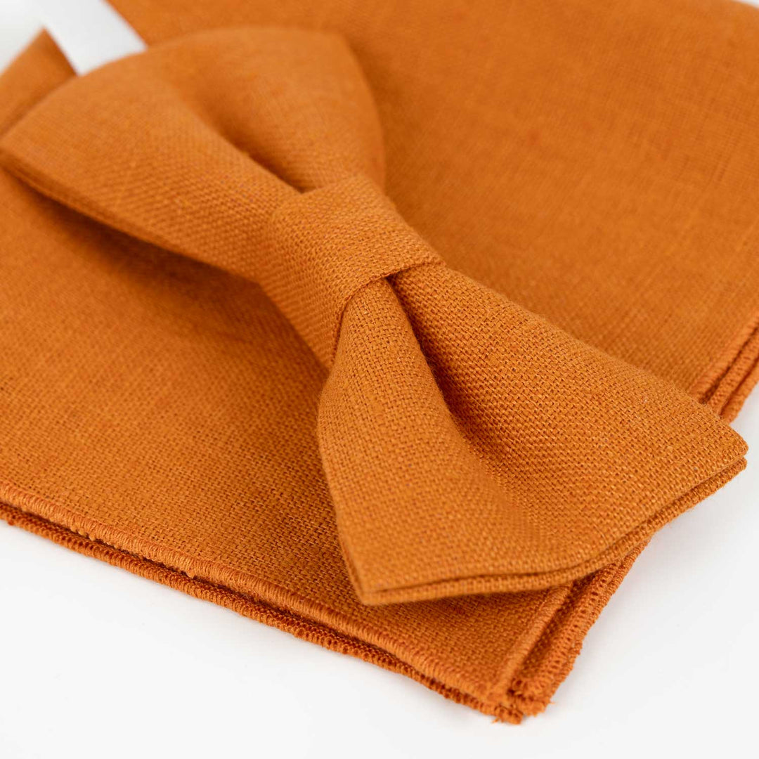Orange Linen Bow Tie and Pocket Square Set