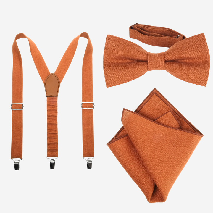 Yellow Linen Suspenders, Bow Tie, Pocket Square Set