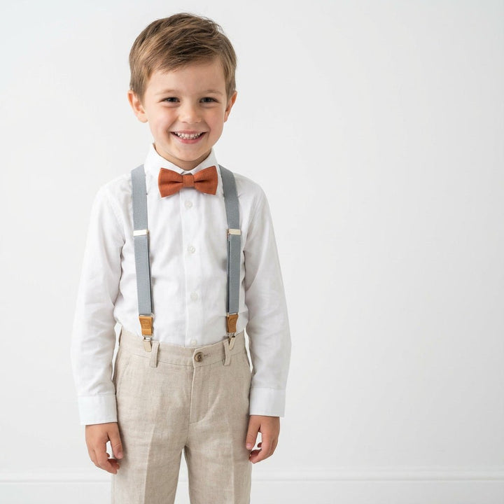 Gray Elastic Suspenders & Linen Bow Tie Set | Adult & Kids Sizes - Hemmitie