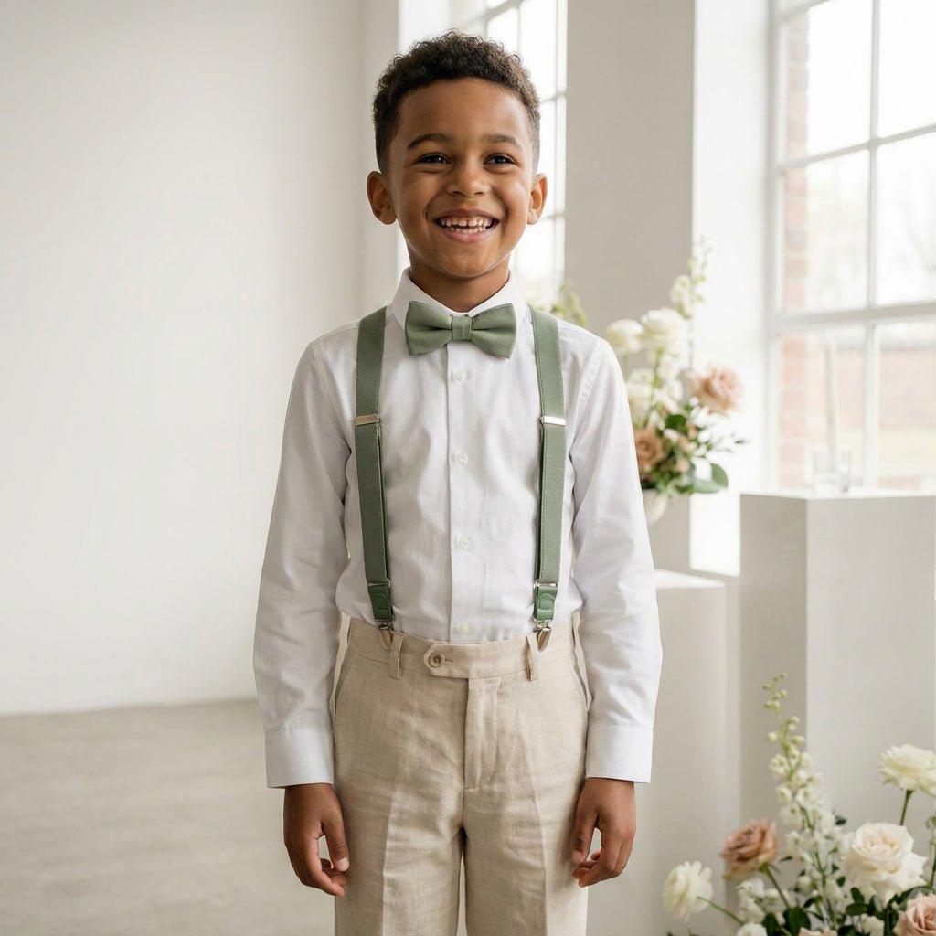 Sage Green Suspenders & Linen Bow Tie Set | 9 Sizes - Hemmitie
