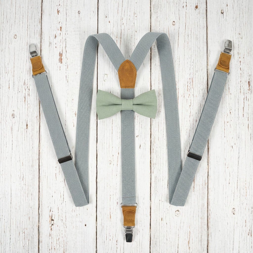 Gray Elastic Suspenders & Linen Bow Tie Set | Adult & Kids Sizes - Hemmitie