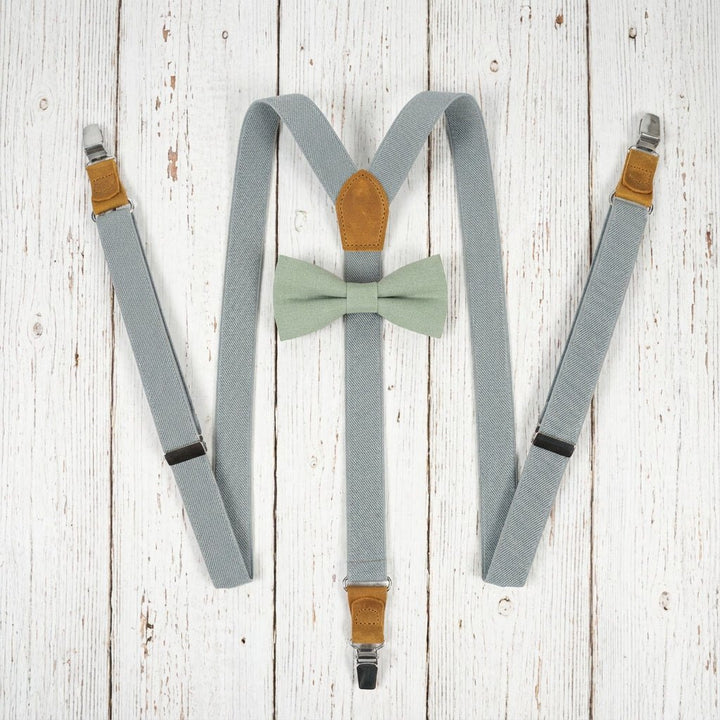 Gray Elastic Suspenders & Linen Bow Tie Set | Adult & Kids Sizes - Hemmitie