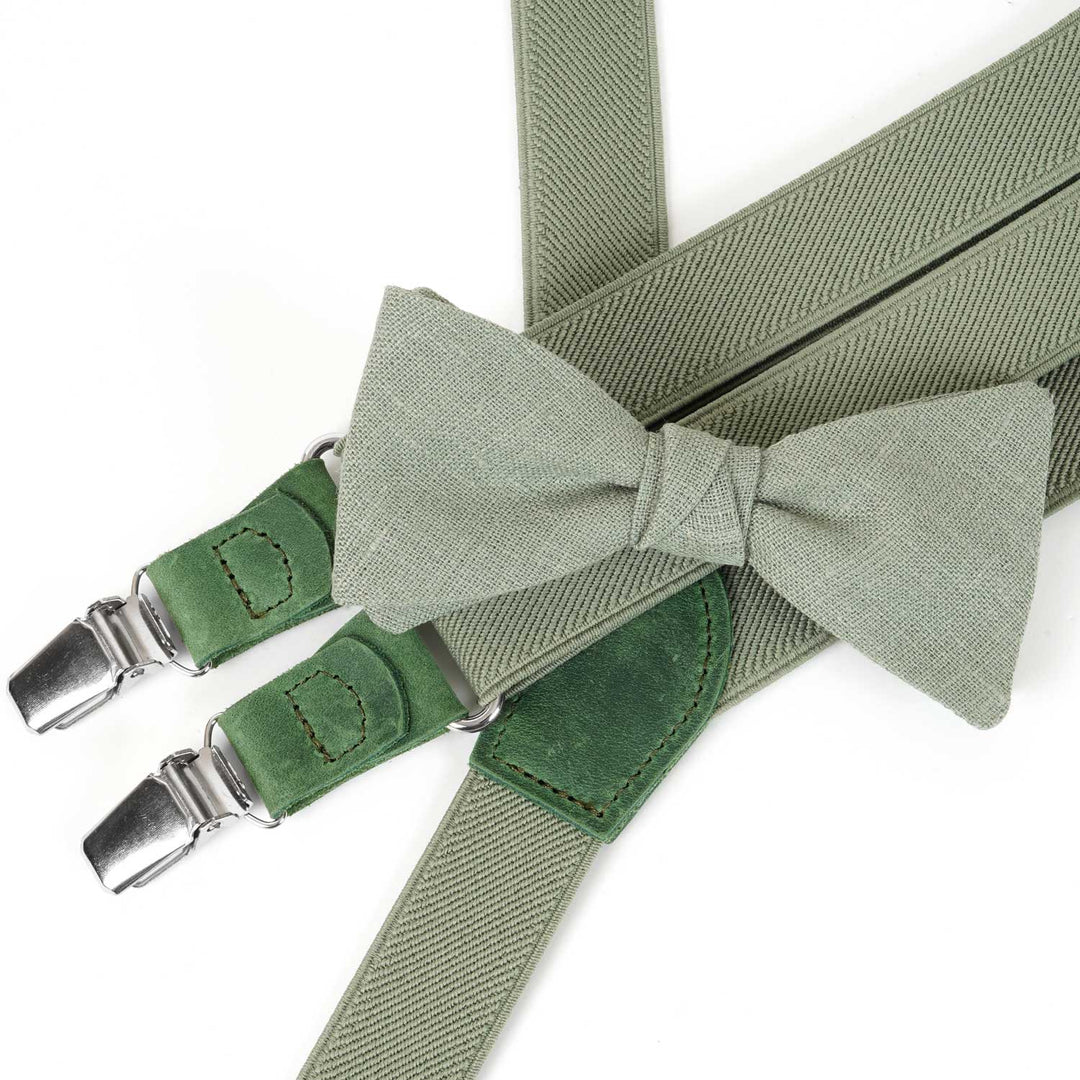 Sage Green Suspenders & Linen Bow Tie Set | 9 Sizes - Hemmitie