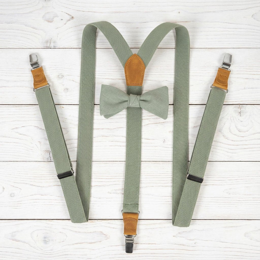 Sage Green Suspenders & Linen Bow Tie Set | 9 Sizes - Hemmitie