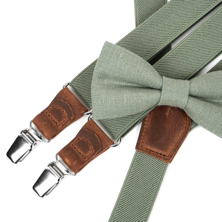 Sage Green Suspenders & Linen Bow Tie Set | 9 Sizes (Age 1–Adult)