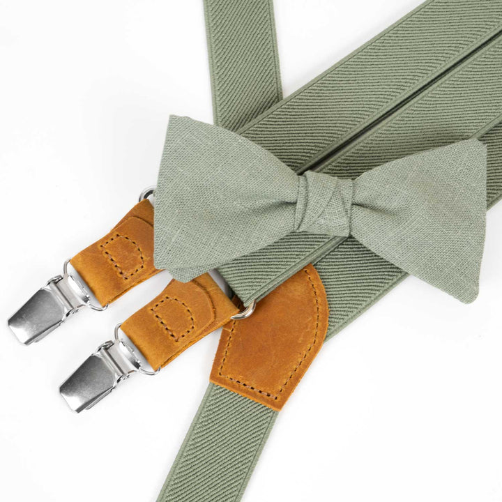 Sage Green Suspenders & Linen Bow Tie Set | 9 Sizes - Hemmitie