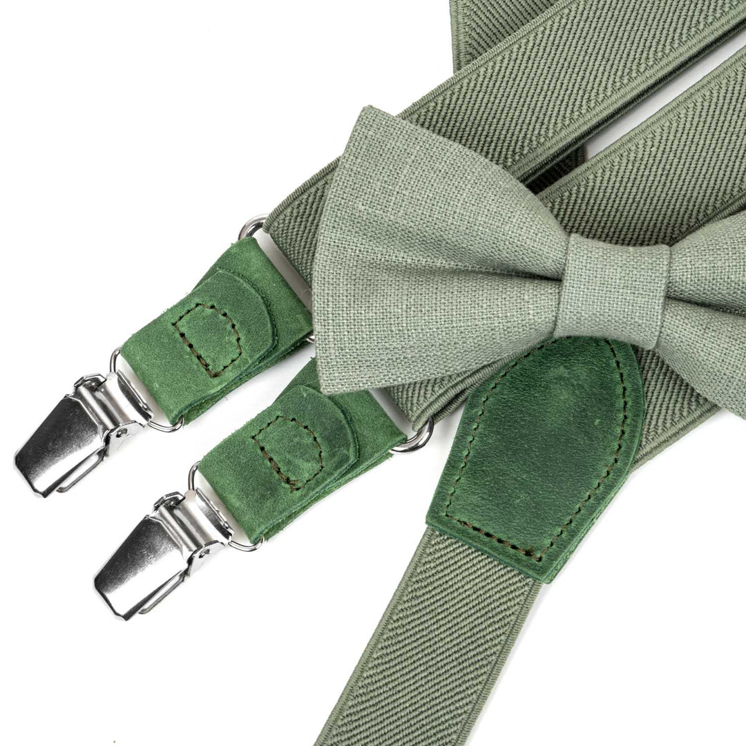 Sage Green Suspenders & Linen Bow Tie Set | 9 Sizes (Age 1–Adult)