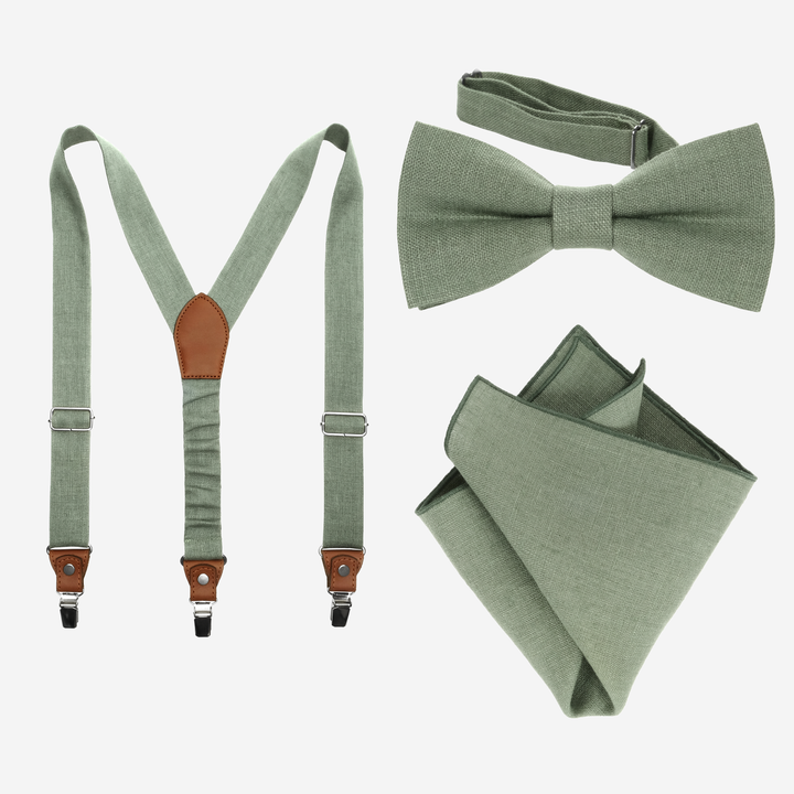 Sage Green Suspenders, Bow Tie & Pocket Square Set