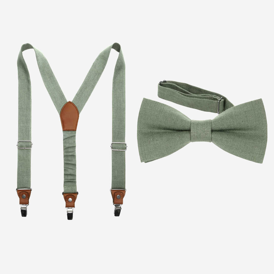 Dusty Sage Green Linen Suspenders & Bow Tie Set