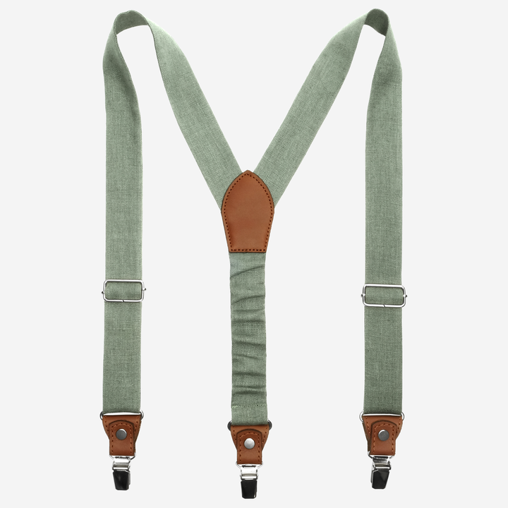 Sage Green Linen Suspenders with Natural Leather Accents