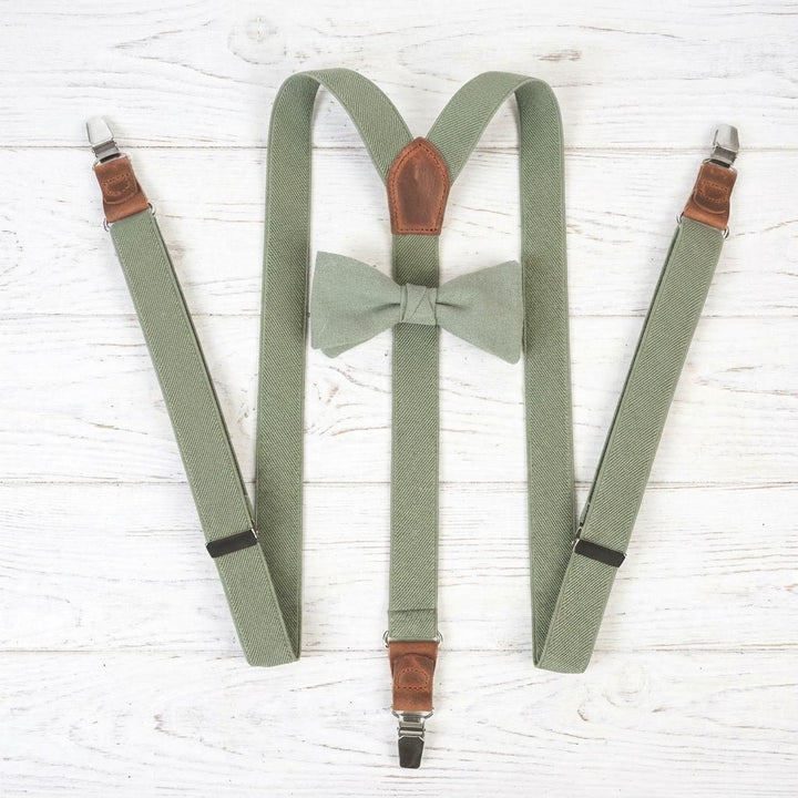 Sage Green Suspenders & Linen Bow Tie Set | 9 Sizes - Hemmitie