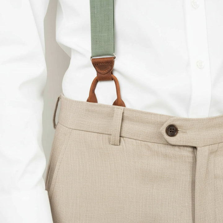 Sage Green Linen Button Suspenders | Handmade Leather Details