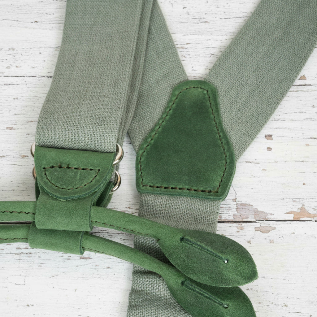 Sage Green Linen Button Suspenders | Handmade Leather Details