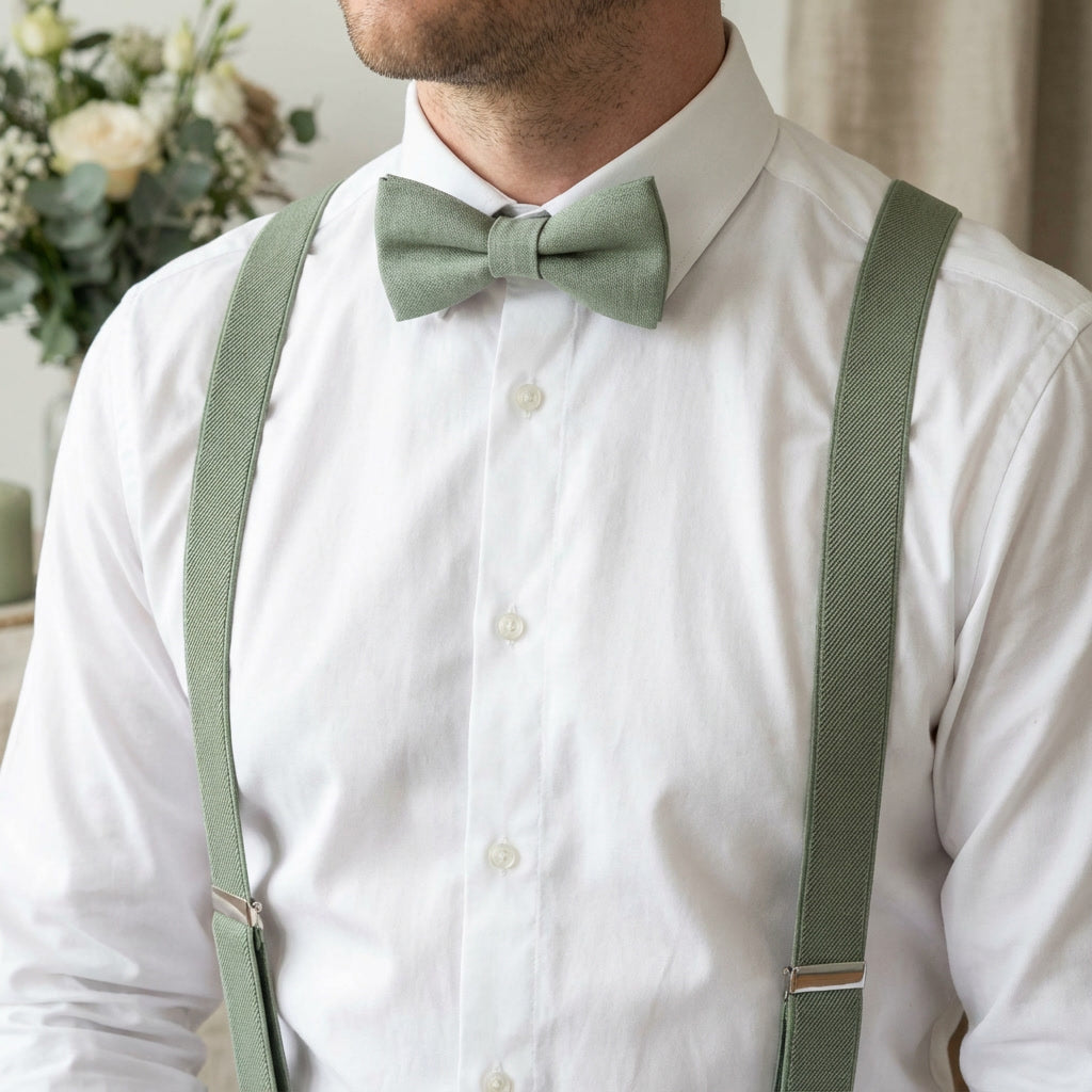 Sage Green Suspenders & Linen Bow Tie Set | 9 Sizes (Age 1–Adult)