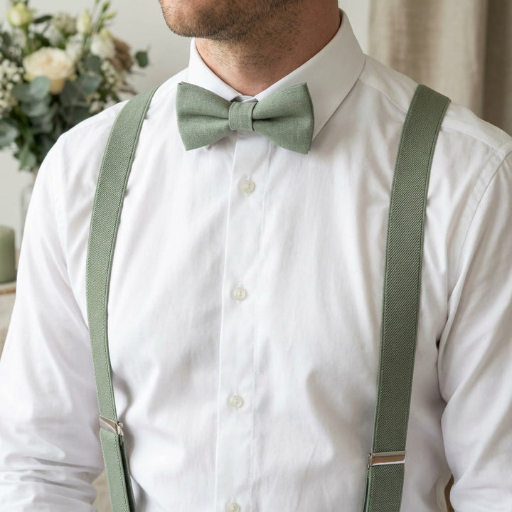 Sage Green Suspenders & Linen Bow Tie Set | 9 Sizes (Age 1–Adult)