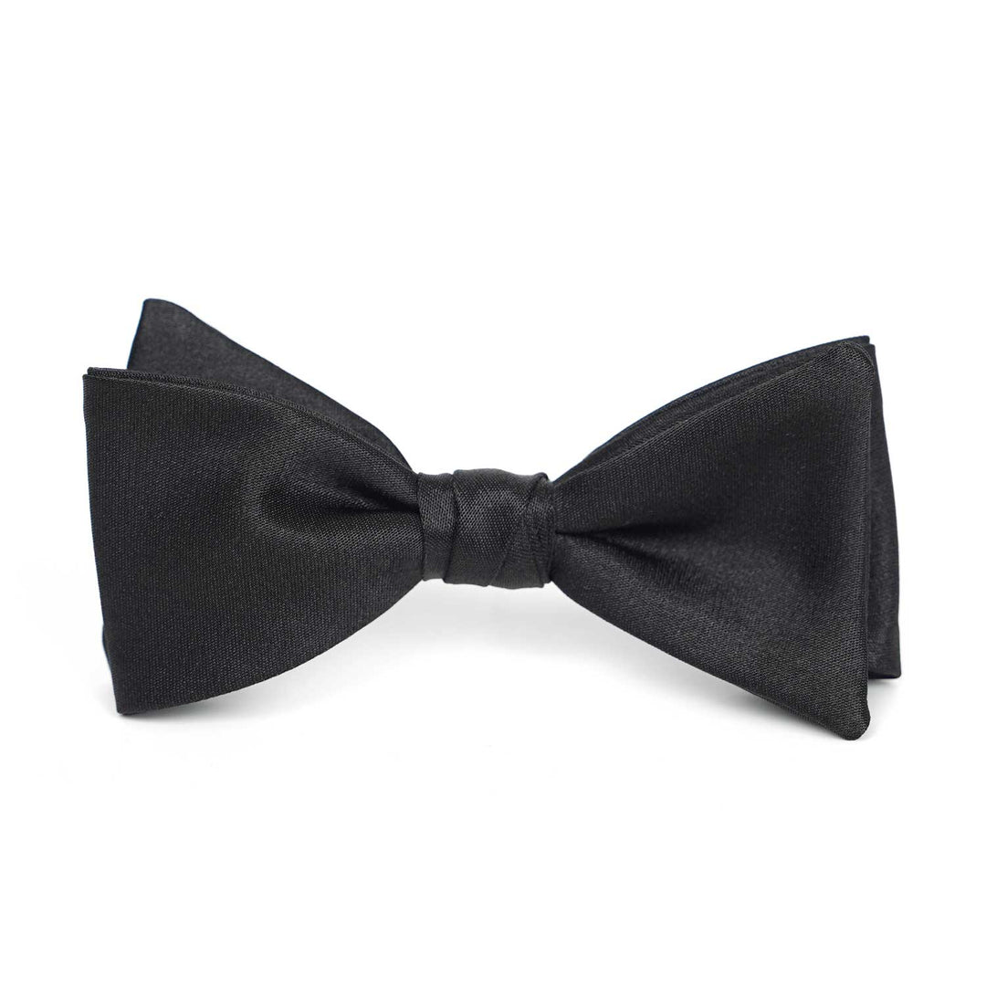 Satin solid black bow tie centered on a crisp white background.