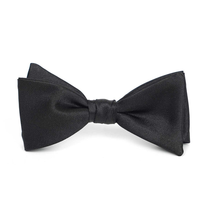 Satin solid black bow tie centered on a crisp white background.