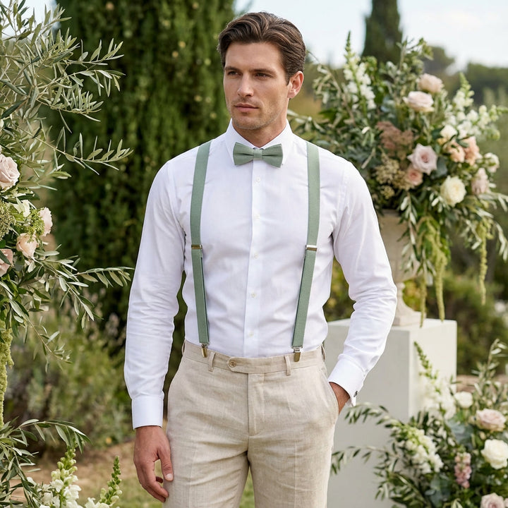 Men's Linen Bow Tie & Elastic Button Suspenders Set - Leather Detail
