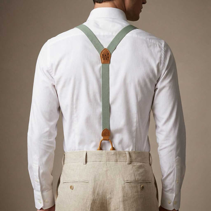 Men's Linen Bow Tie & Elastic Button Suspenders Set - Leather Detail