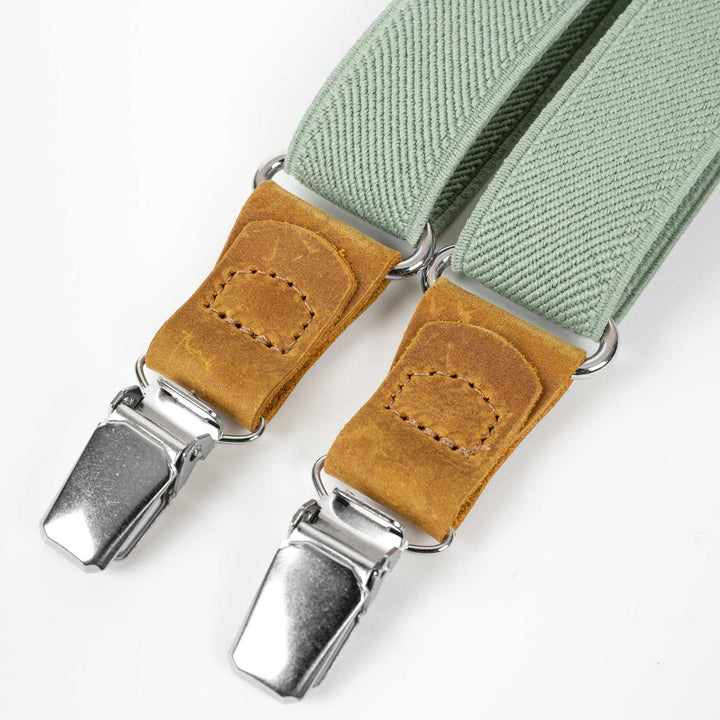 Men's Linen Bow Tie & Elastic Button Suspenders Set - Leather Detail