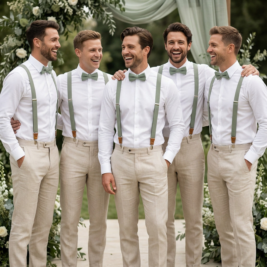 Sage Green Suspenders & Linen Bow Tie Set | 9 Sizes (Age 1–Adult)