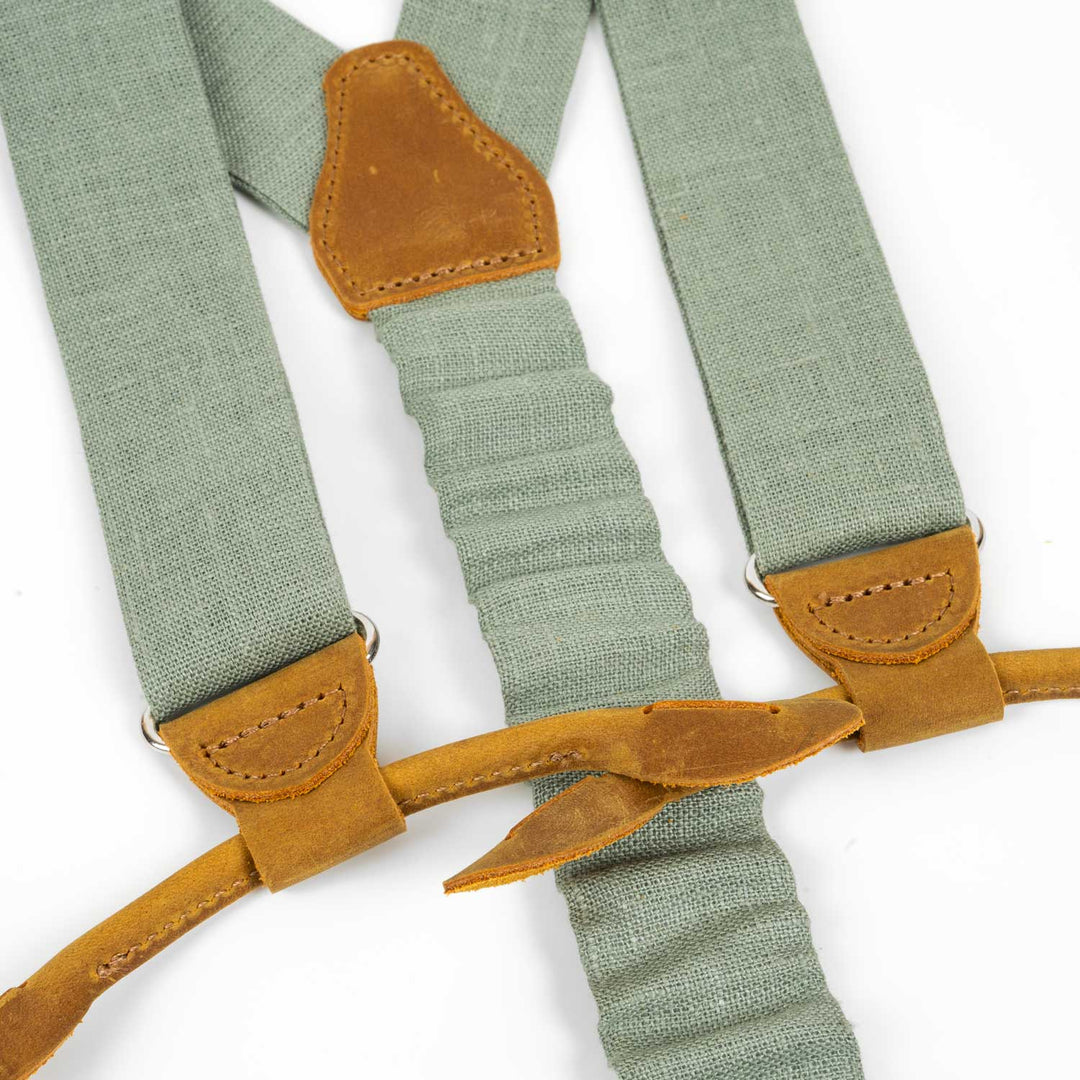 Sage Green Linen Button Suspenders | Handmade Leather Details